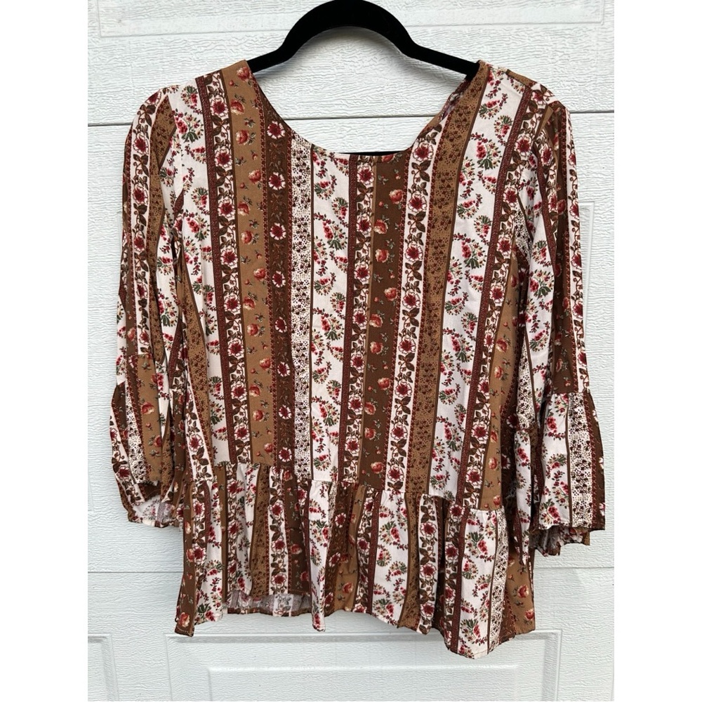 Andree Brown Floral Women’s Peasant Peplum Blouse Size M